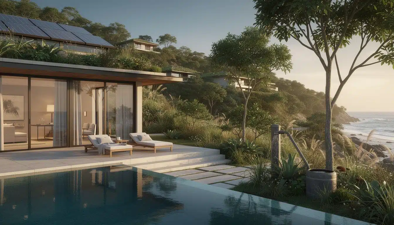 An illustrated diagram showing the key benefits of environmental impact luxury vacation properties strategies