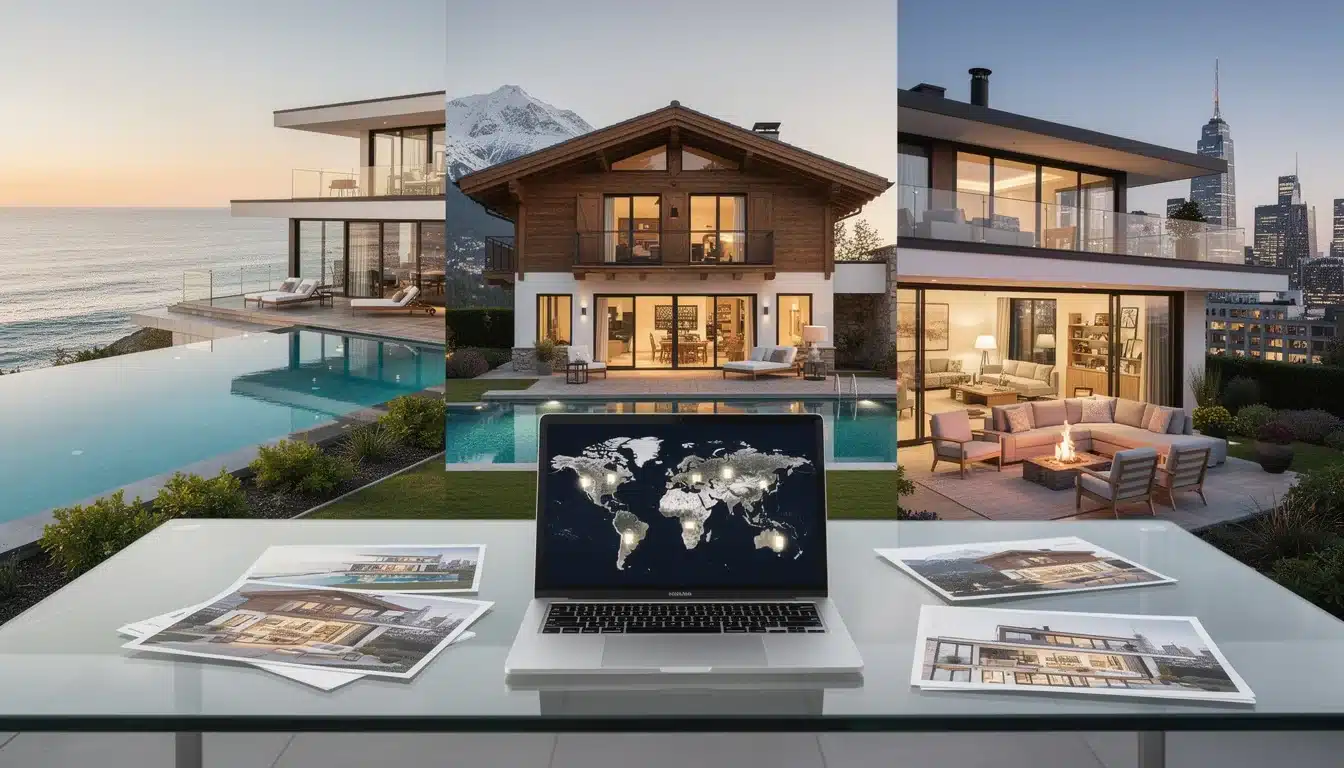 An illustrated diagram showing the key benefits of expanding luxury vacation home portfolio internationally strategies