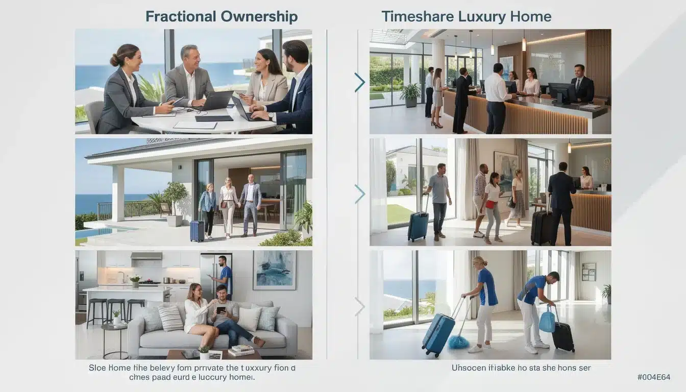 A step-by-step visual process guide demonstrating how fractional ownership versus timeshare luxury homes works
