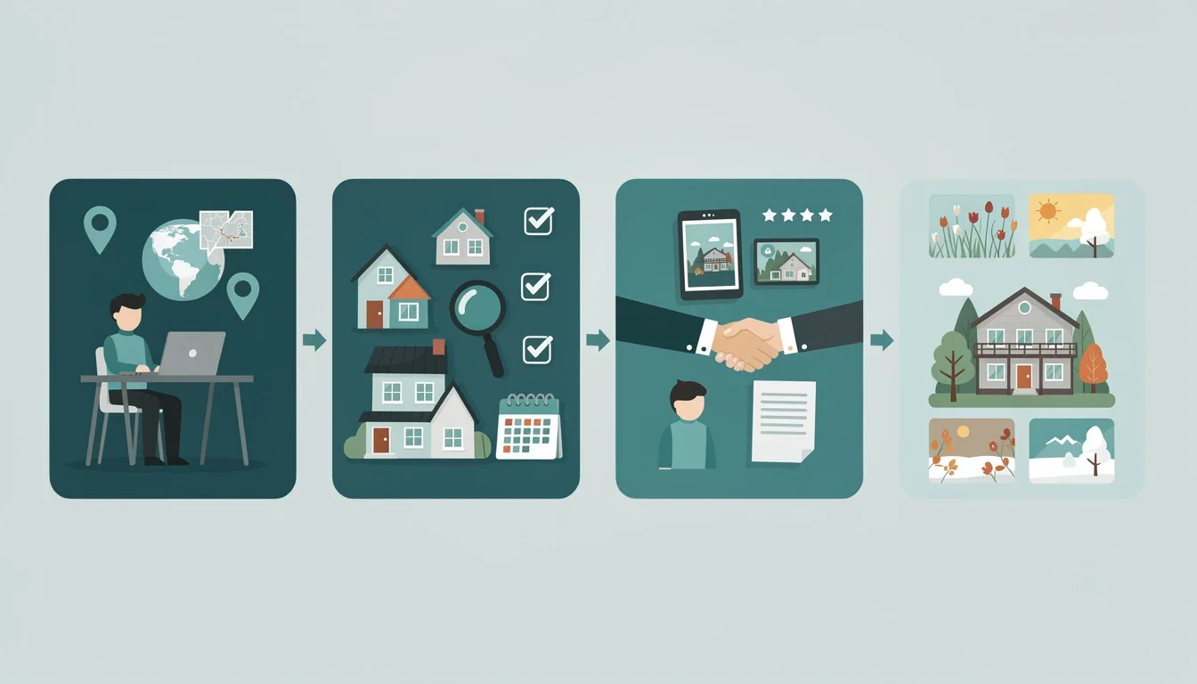 A step-by-step visual process guide demonstrating how selecting vacation homes for year-round rental works