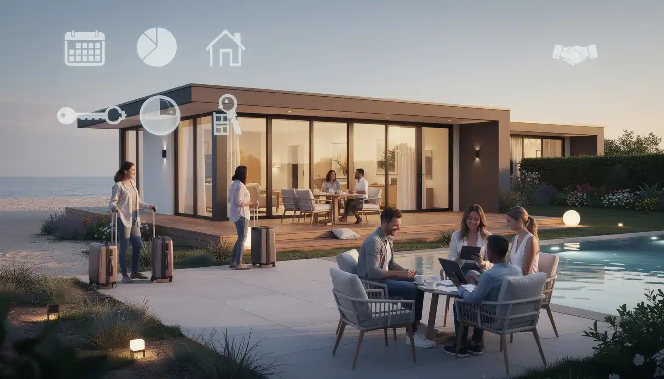 An illustrated diagram showing the key benefits of shared ownership vacation home rental case study strategies