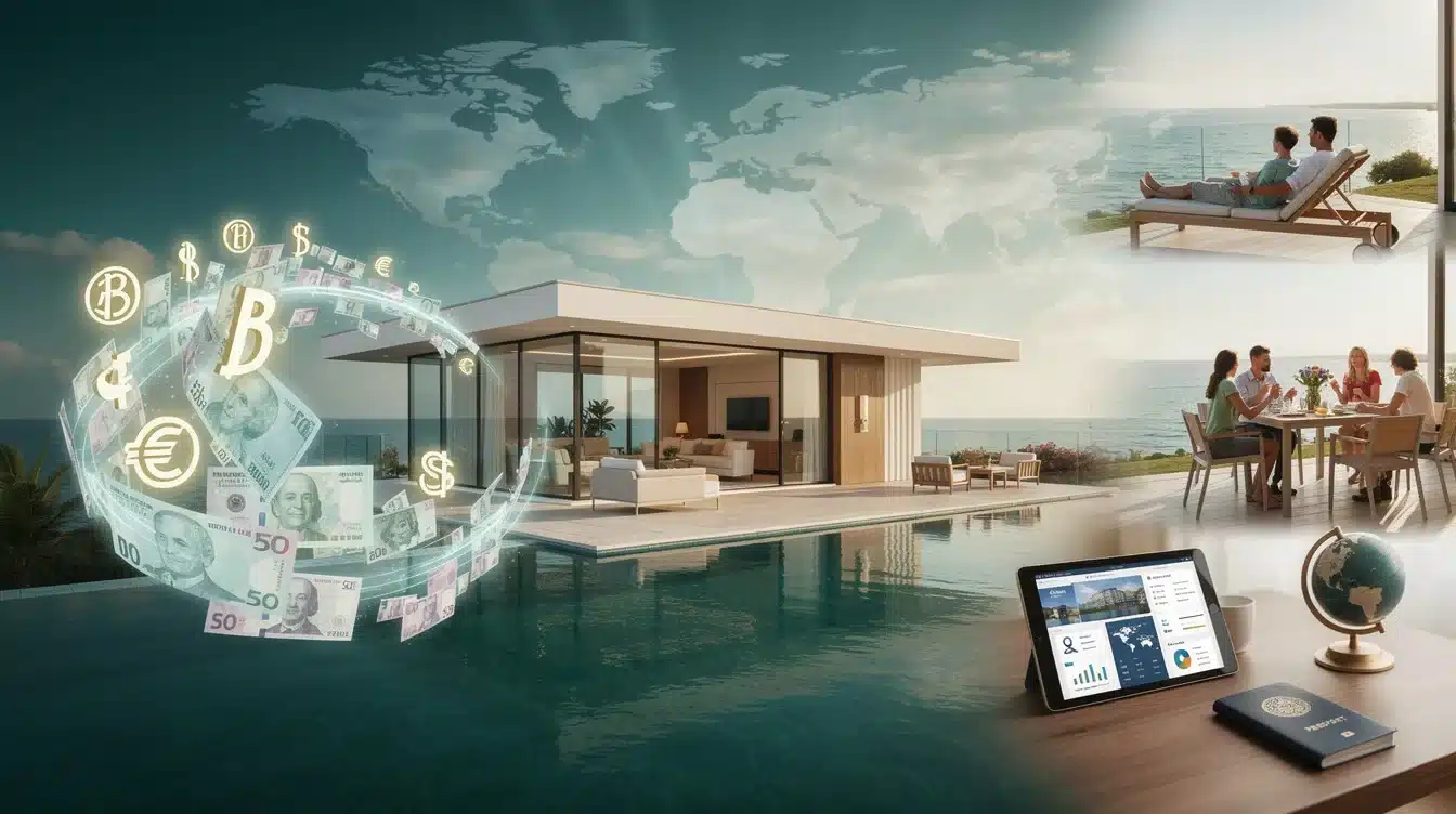 An illustrated diagram showing the key benefits of currency impact international vacation home ownership strategies