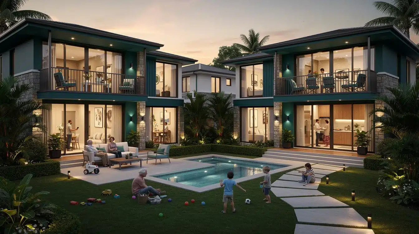 An illustrated diagram showing the key benefits of multi generational shared ownership villas strategies