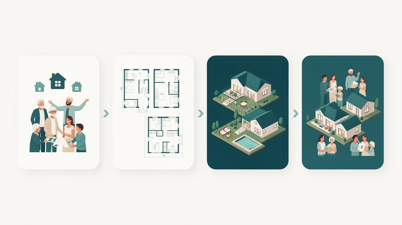 A step-by-step visual process guide demonstrating how multi generational shared ownership villas works