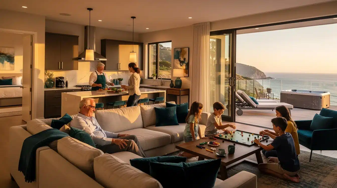 An illustrated diagram showing the key benefits of shared vacation homes multi-generational travel strategies