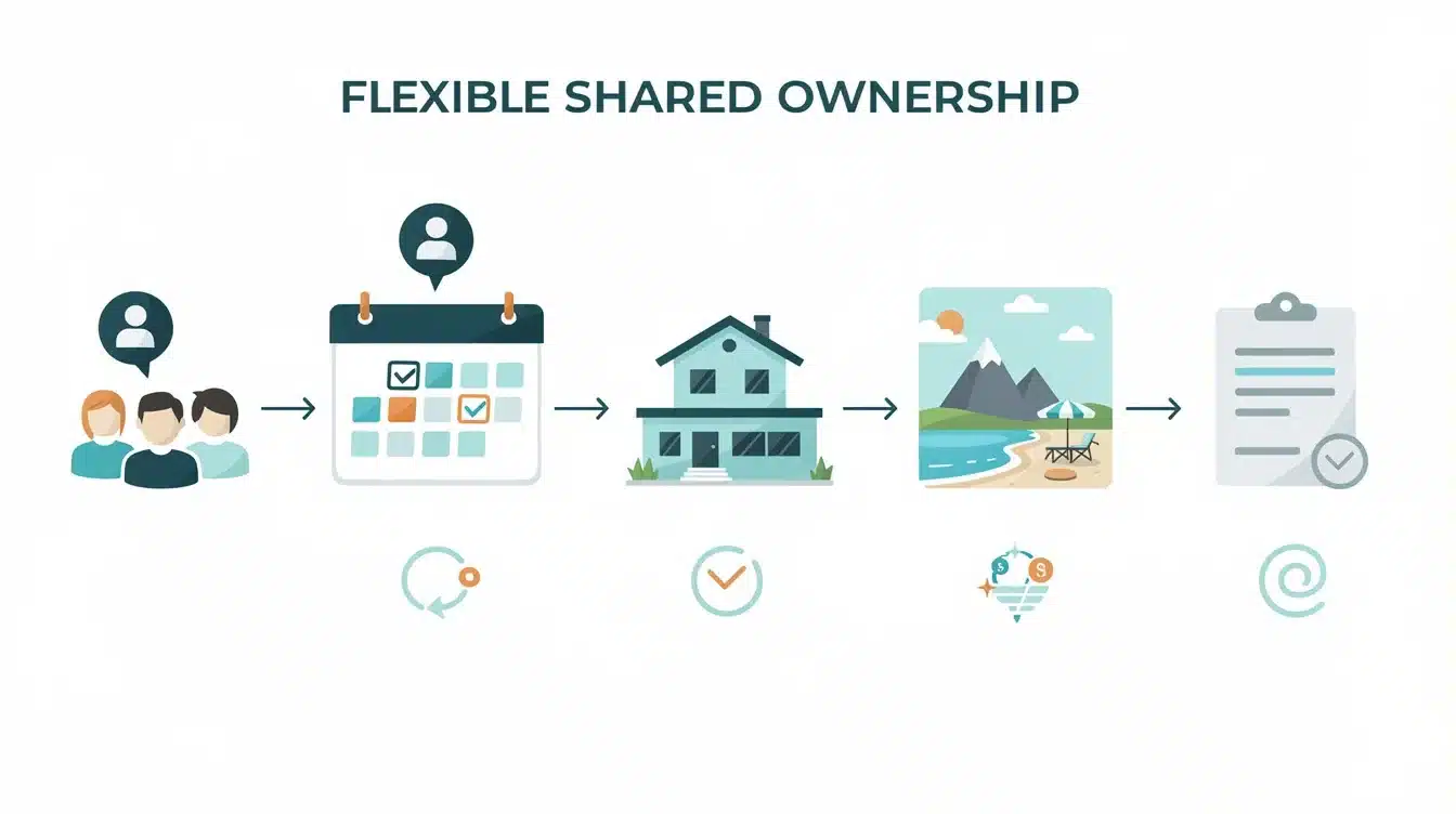 A step-by-step visual process guide demonstrating how flexible shared ownership vacation plans works