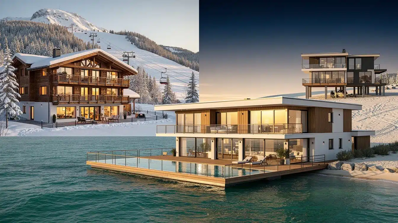 An illustrated diagram showing the key benefits of combining ocean ski vacation homes portfolio strategies