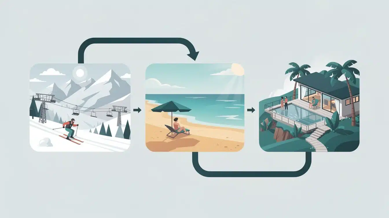 A step-by-step visual process guide demonstrating how diversified ski coastal villa vacation portfolio works