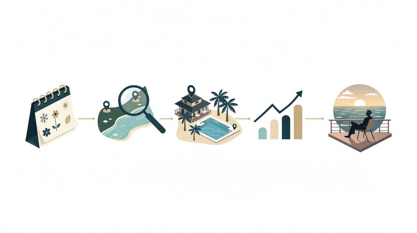 A step-by-step visual process guide demonstrating how seasonal timing luxury villa investments works