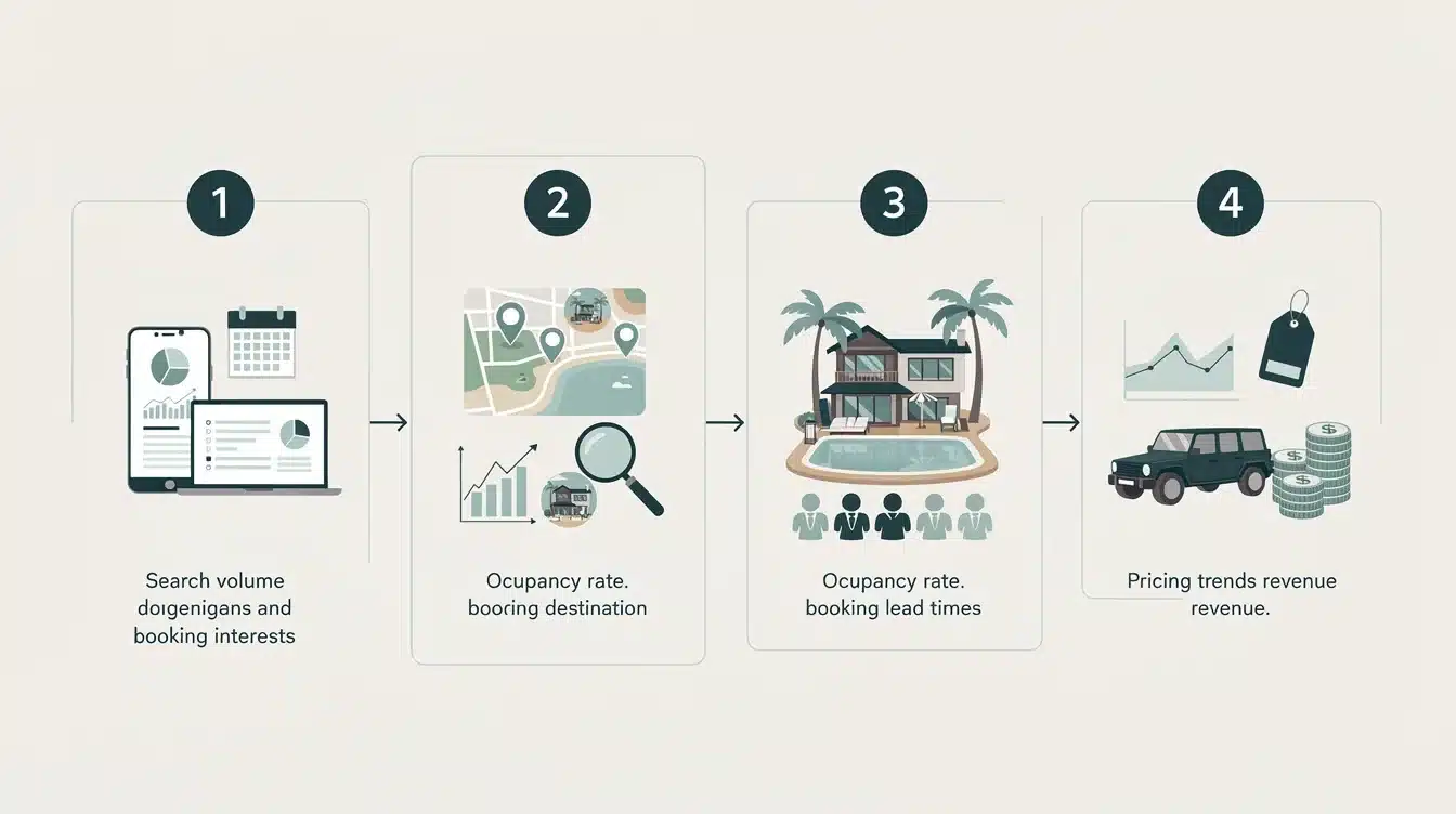 A step-by-step visual process guide demonstrating how luxury vacation home rental demand indicators works
